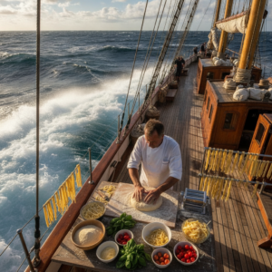 Chef prepares pasta on a sailing ship with ocean waves in the background.